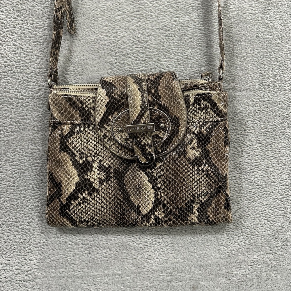 Vintage Nine West Faux Snake Leather Crossbody Bag 8.5x7 Brown Y2K Animal Print